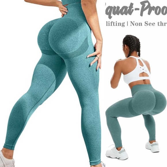 Green Gym Set: Bubble Butt Marled Gray Seamless Leggings + Long Sleeve Crop Top - Picture 9 of 14